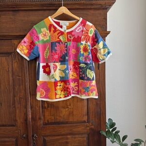 Vintage Susan Bristol Floral Patchwork Cardigan Sweater Short Sleeve